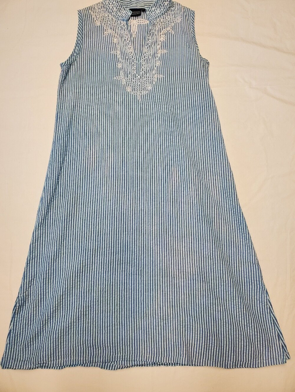 Madison Mathews Blue White Striped Embroidered Sleeveless Dress Size L